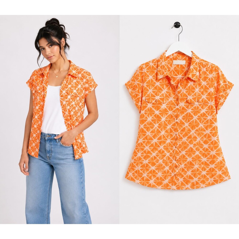 Michael Kors Shirt Top Size 8 Orange Starburst Cotton Cap Sleeve Smocked Back